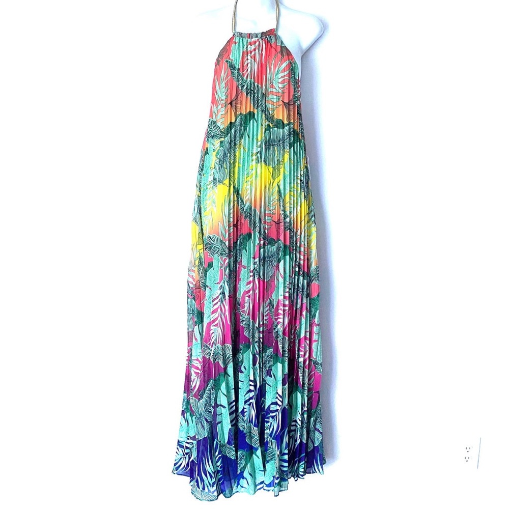 L’Atiste by Amy Tropical Pleated Halter Maxi Dress Colorful Resort Dress